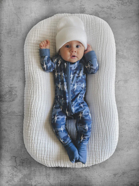 Bamboo Zip Romper | Blue Camo Bolts - PREORDER