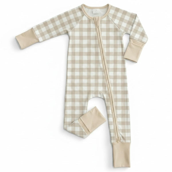 Milk Silk Zip Romper | Beige Gingham - PREORDER