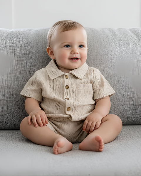 Textured Collar Top & Shorts Set | Beige - PREORDER