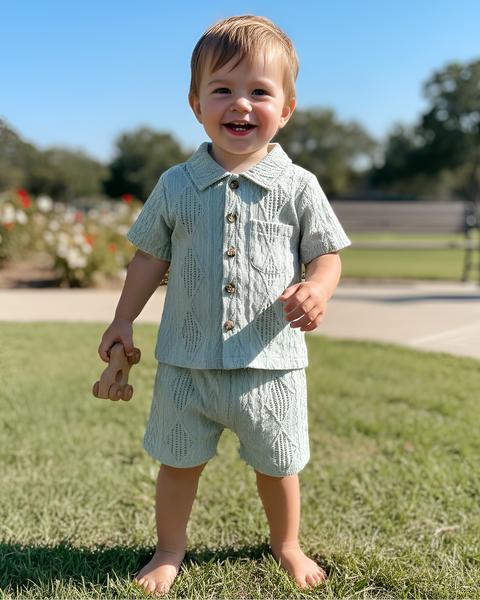 Textured Collar Top & Shorts Set | Green - PREORDER