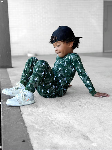 Bamboo Top & Pants Set | Green Camo Bolts - PREORDER