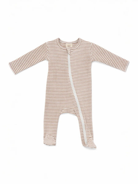 Ribbed Zip Footie Romper | Tan Stripe - PREORDER