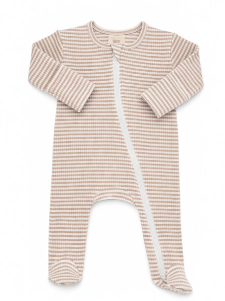 Ribbed Zip Footie Romper | Tan Stripe - PREORDER