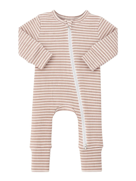 Ribbed Zip Romper | Tan Stripe - PREORDER