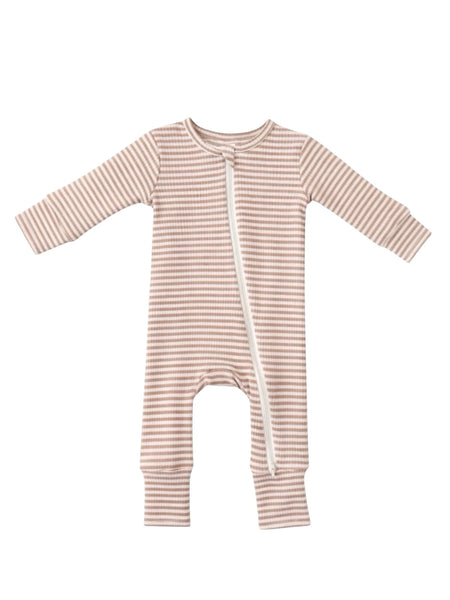 Ribbed Zip Romper | Tan Stripe - PREORDER