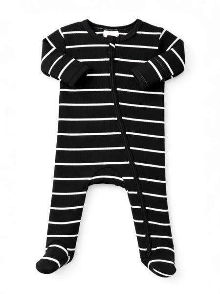Ribbed Zip Footie Romper | Black/White Stripe - PREORDER