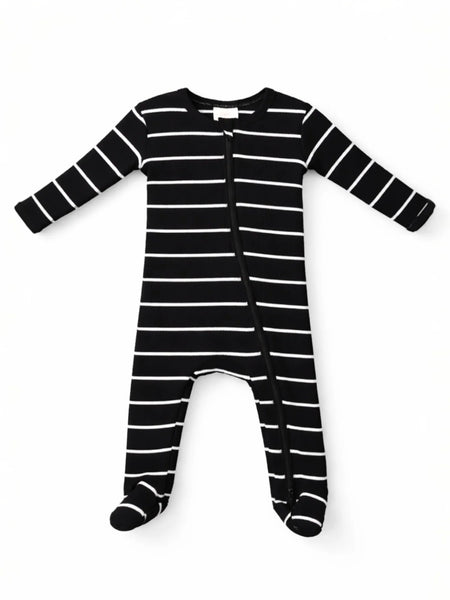 Ribbed Zip Footie Romper | Black/White Stripe - PREORDER