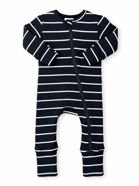 Ribbed Zip Romper | Black/White Stripe - PREORDER