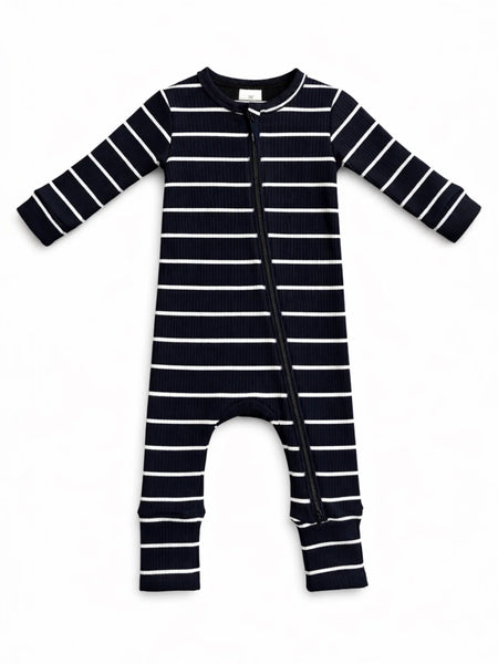 Ribbed Zip Romper | Black/White Stripe - PREORDER