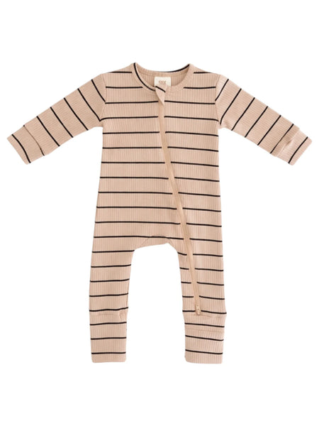 Ribbed Zip Romper | Tan/Black Stripe - PREORDER