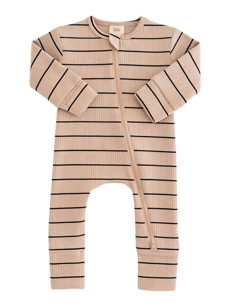Ribbed Zip Romper | Tan/Black Stripe - PREORDER