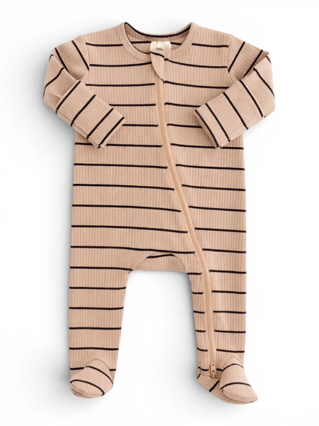Ribbed Zip Footie Romper | Tan/Black Stripe - PREORDER
