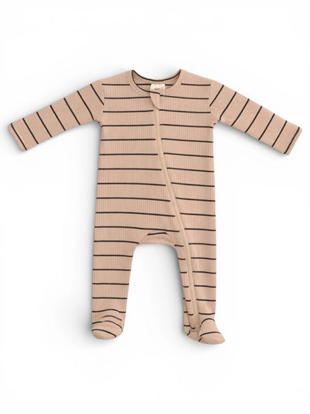 Ribbed Zip Footie Romper | Tan/Black Stripe - PREORDER