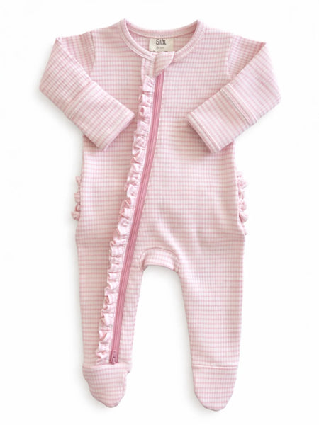 Ribbed Zip Ruffle Footie Romper | Pink Stripe - PREORDER