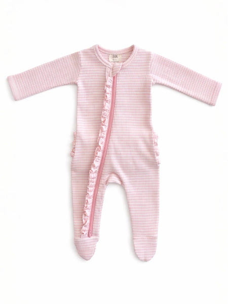 Ribbed Zip Ruffle Footie Romper | Pink Stripe - PREORDER