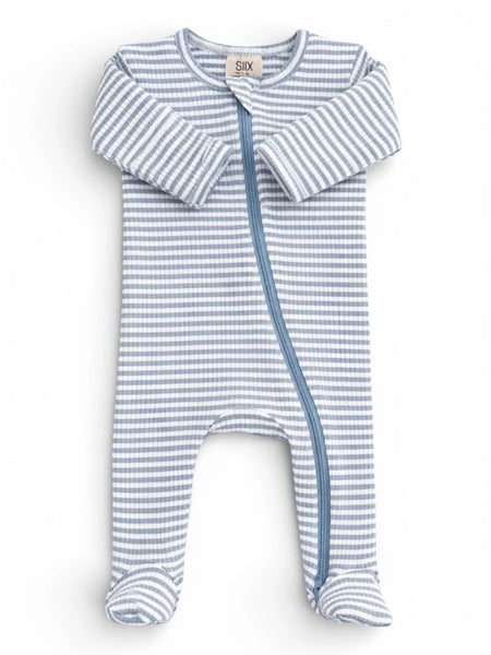 Ribbed Zip Footie Romper | Dusty Blue Stripe - PREORDER