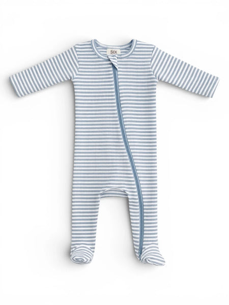 Ribbed Zip Footie Romper | Dusty Blue Stripe - PREORDER