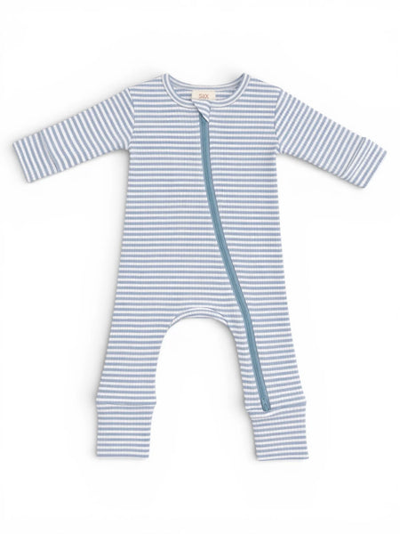 Ribbed Zip Romper | Dusty Blue Stripe - PREORDER