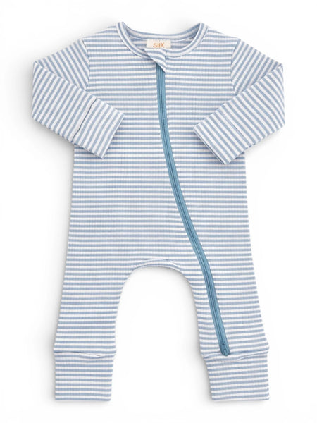 Ribbed Zip Romper | Dusty Blue Stripe - PREORDER