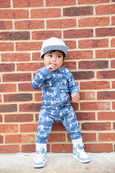 Bamboo Zip Romper | Blue Camo Bolts - PREORDER
