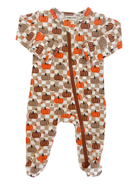Zip Footie Romper | Brown Pumpkin Checkerboard - PREORDER