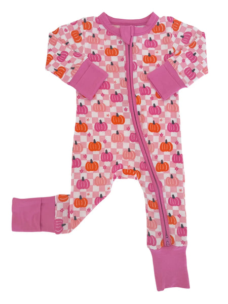 Zip Romper | Pink Pumpkin Checkerboard - PREORDER