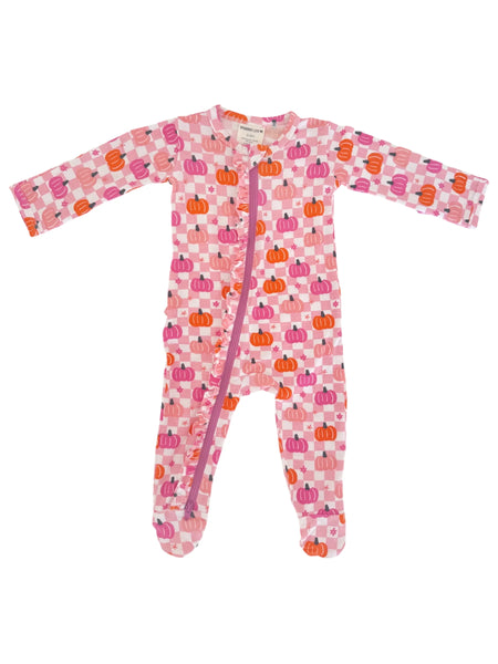Zip Ruffle Footie Romper | Pink Pumpkin Checkerboard - PREORDER