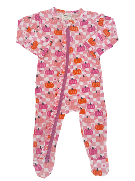 Zip Ruffle Footie Romper | Pink Pumpkin Checkerboard - PREORDER