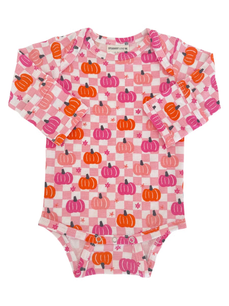 Long Sleeve Bodysuit | Pink Pumpkin Checkerboard - PREORDER