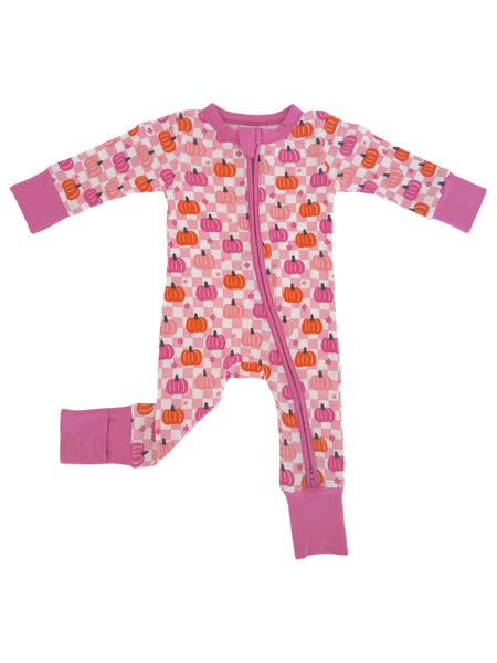 Zip Romper | Pink Pumpkin Checkerboard - PREORDER