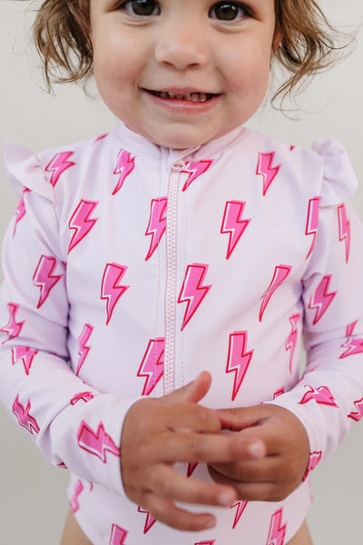 Long Sleeve Rash Guard Swimsuit | Pink Bolts - PREORDER