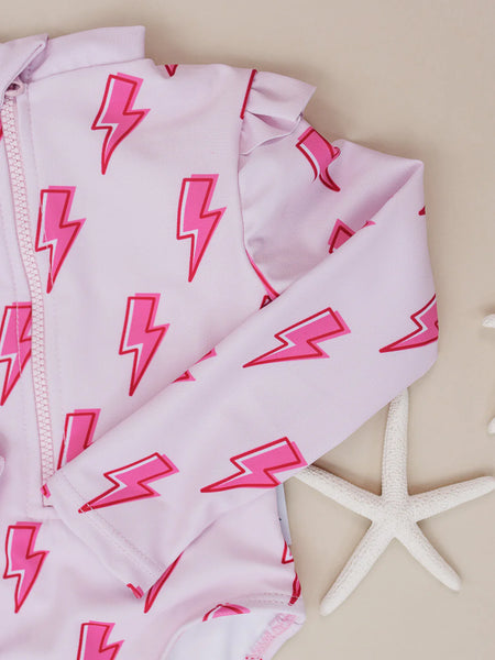Long Sleeve Rash Guard Swimsuit | Pink Bolts - PREORDER