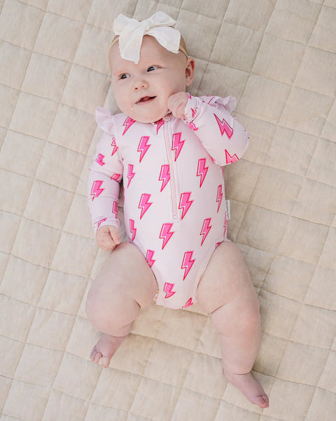 Long Sleeve Rash Guard Swimsuit | Pink Bolts - PREORDER