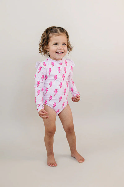 Long Sleeve Rash Guard Swimsuit | Pink Bolts - PREORDER