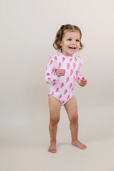 Long Sleeve Rash Guard Swimsuit | Pink Bolts - PREORDER