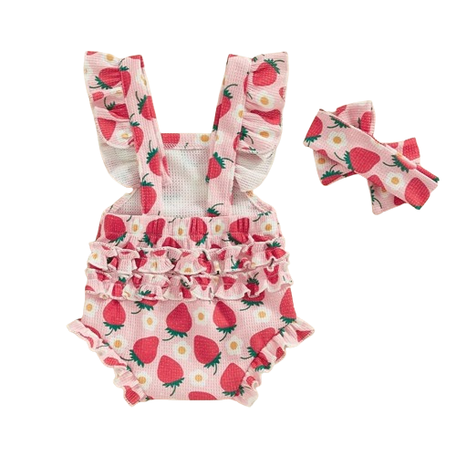 Strawberries & Daisies Ruffle Waffle Romper & Bow - PREORDER