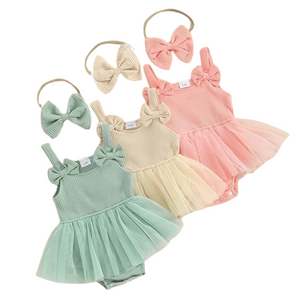 Solid Ribbed Bow Tutu Rompers & Bows (3 Colors) - PREORDER