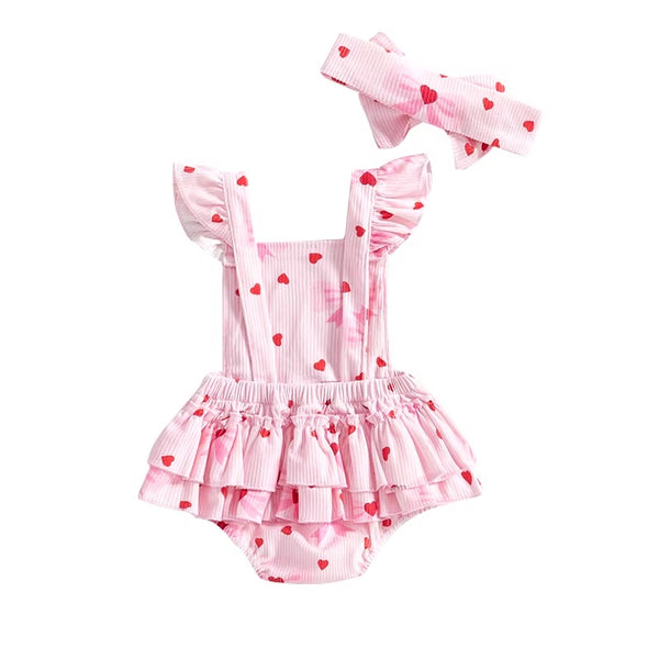 Mini Hearts & Bows Ribbed Ruffle Romper & Bow - PREORDER