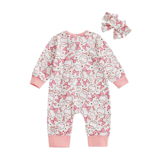 Bow Baseballs Zipper Romper & Bow - PREORDER