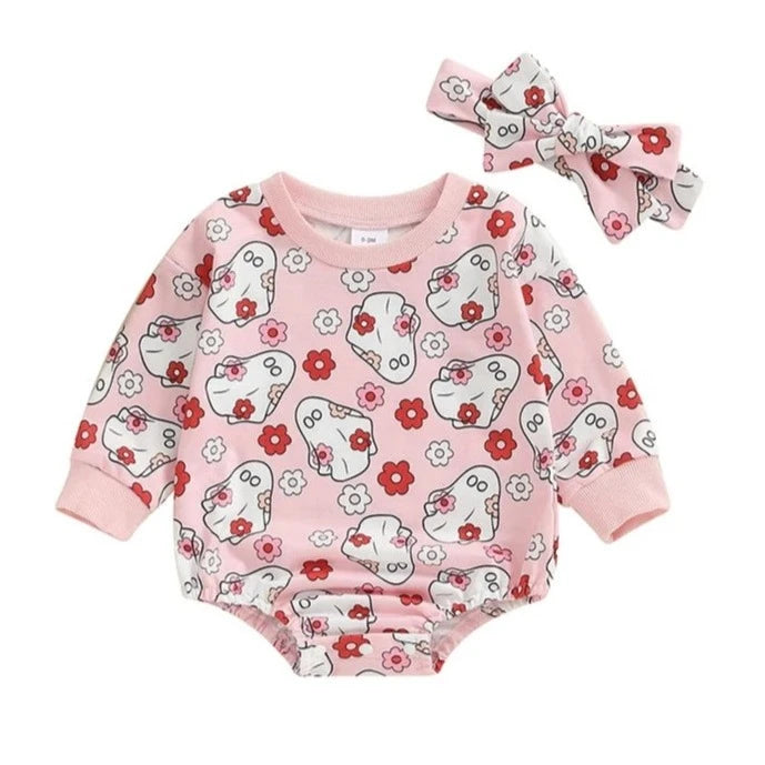 Pink Groovy Ghosts Romper & Bow - PREORDER