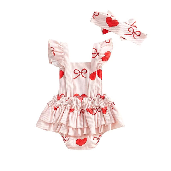 Big Red Bows & Hearts Ribbed Ruffle Romper & Bow - PREORDER