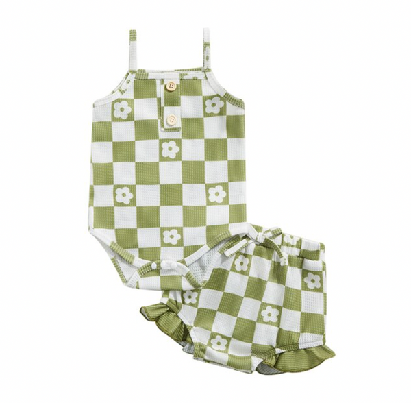 Checkered Daisies Waffle Tank Outfits (4 Colors) - PREORDER