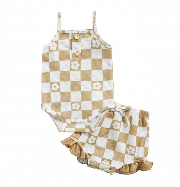 Checkered Daisies Waffle Tank Outfits (4 Colors) - PREORDER