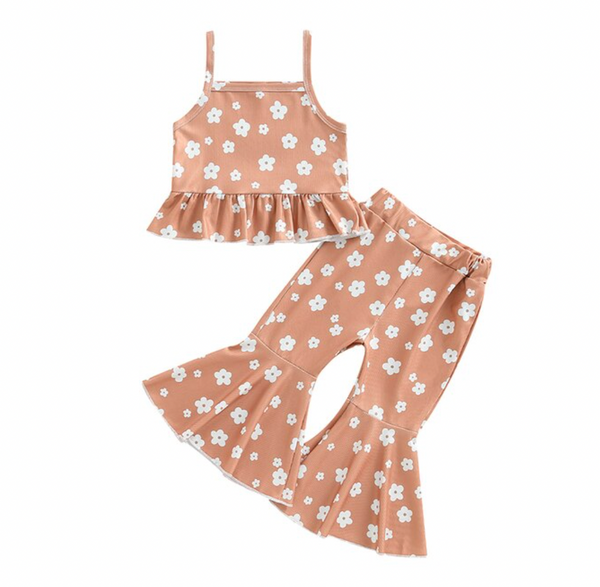 Neutral Kenzie Floral Ribbed Bells Outfits (3 Styles) - PREORDER