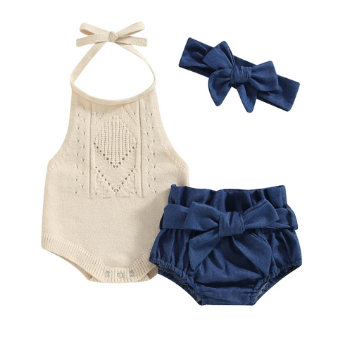 Creamy Knit Denim Outfit & Bow - PREORDER