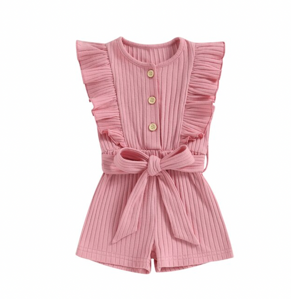 Solid Ribbed Ruffle Belt Rompers (8 Colors) - PREORDER