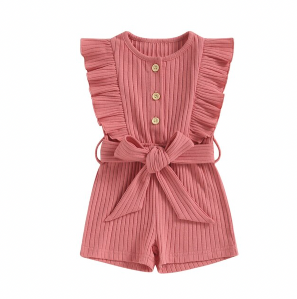 Solid Ribbed Ruffle Belt Rompers (5 Colors) - PREORDER