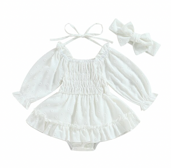 Jenna Scrunch Romper Dresses & Bows (2 Colors) - PREORDER