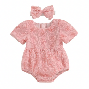 Pink Rose Romper & Bow - PREORDER