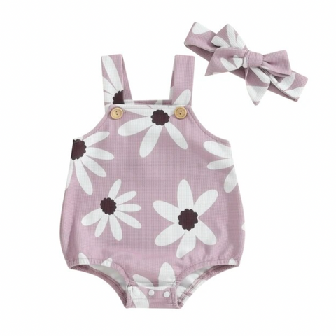 Purple Daisies Waffle Romper & Bow - PREORDER